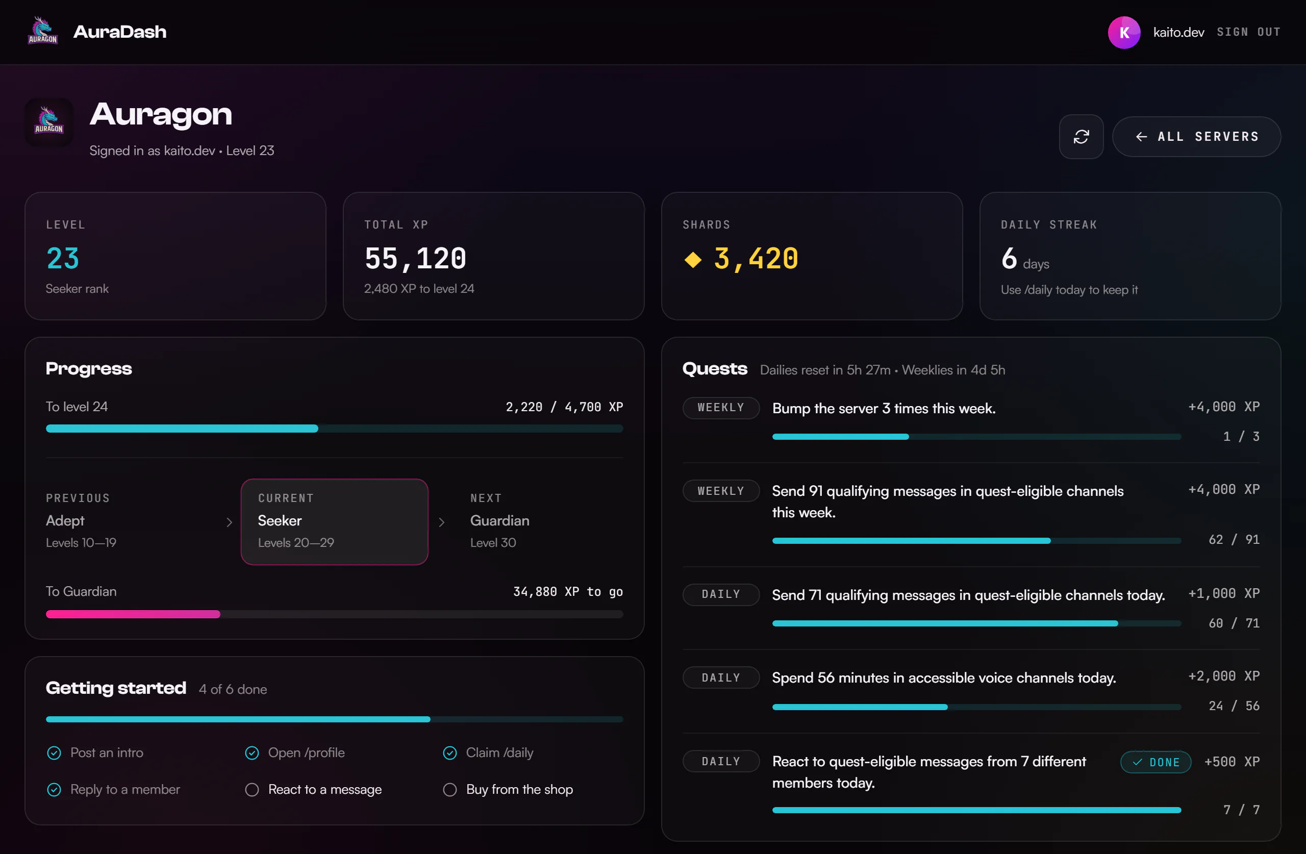 A member's AuraDash page: level, XP, Shards and streak tiles, a progress bar to the next level and rank, a getting-started checklist, and weekly and daily quests with progress bars.