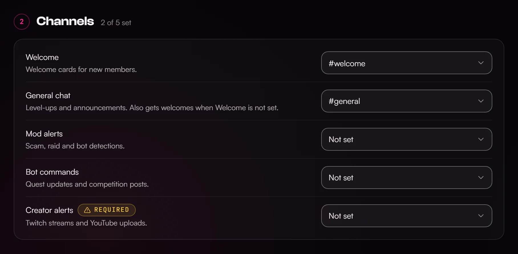 The Channels step of AuraKitten setup: five rows (Welcome, General chat, Mod alerts, Bot commands, Creator alerts), each with a channel picker; Creator alerts is marked required.