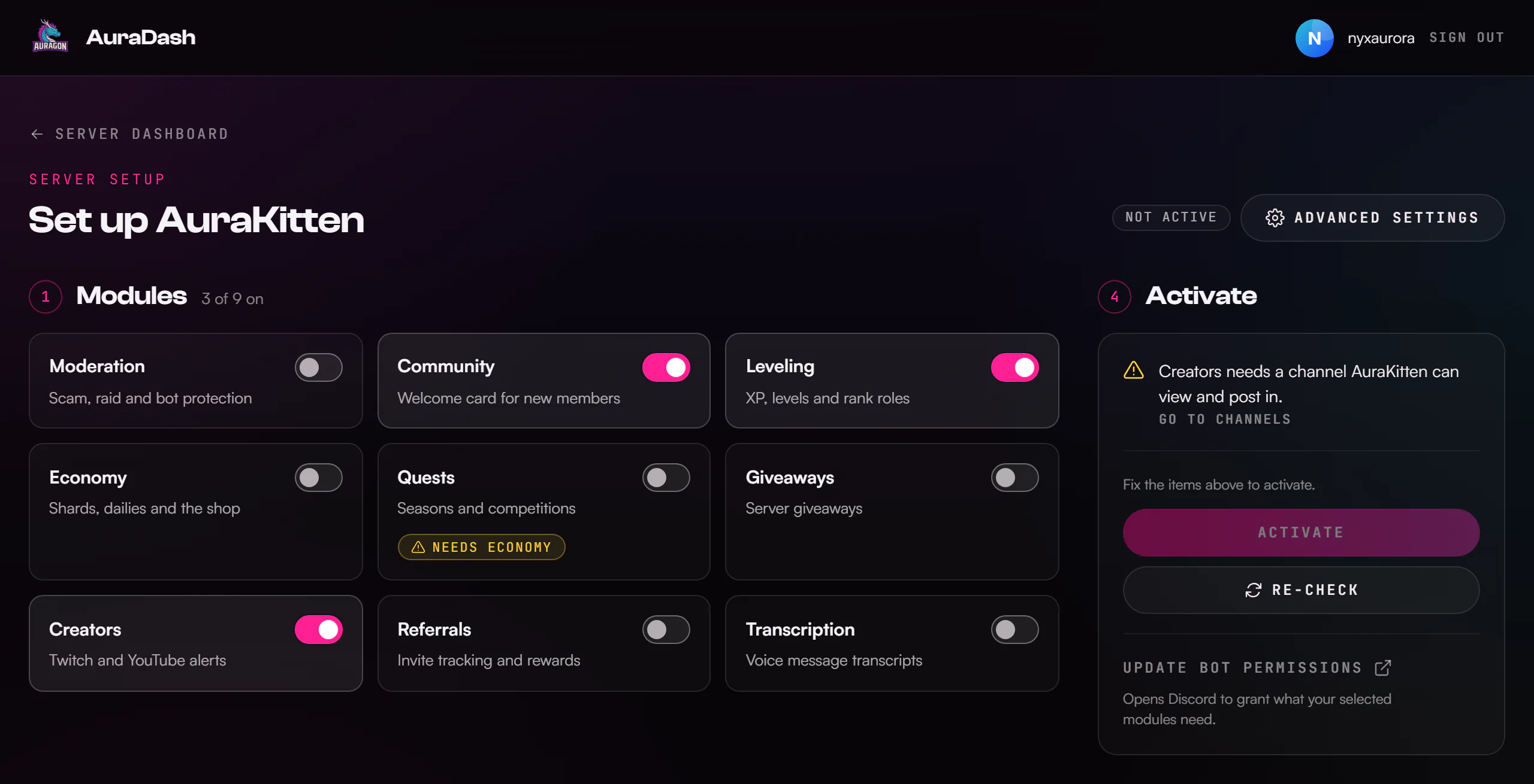 AuraDash setup page titled "Set up AuraKitten", with nine module cards that each have an on/off switch, and an Activate panel listing one issue to fix before the server can be activated.